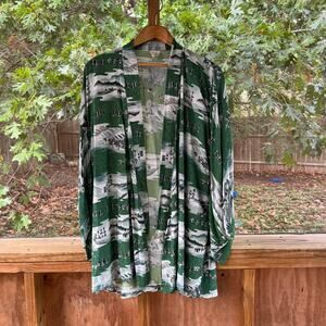 Women's Vintage Japanese Haori Jacket Green & White Printed One Size